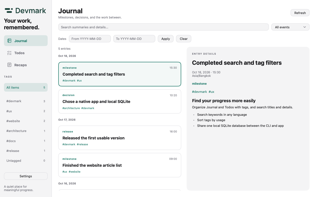 Devmark Journal in English: tags sorted by usage on the left, milestone cards in the middle, and the selected entry’s Markdown on the right.