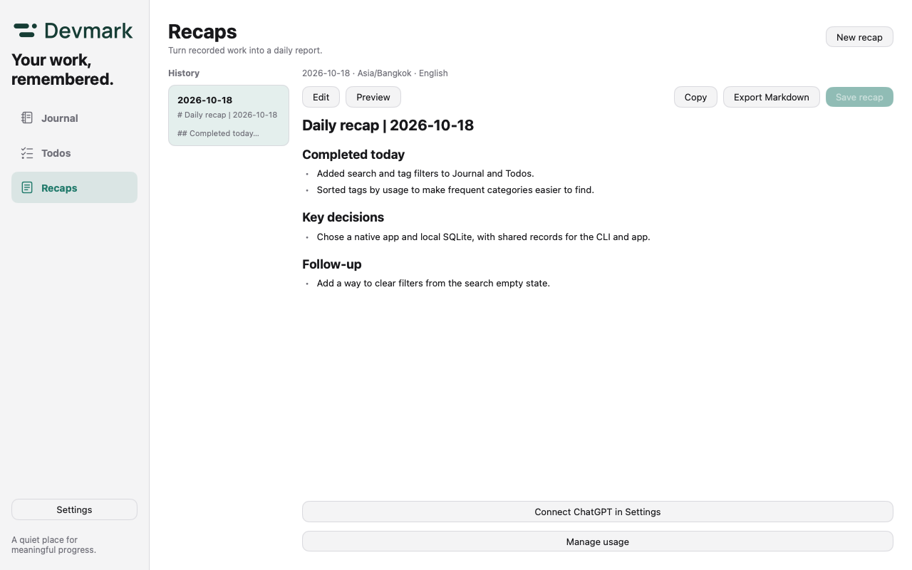 Devmark Recaps in English: history on the left and a daily summary on the right, with editing, copy, and Markdown export controls.