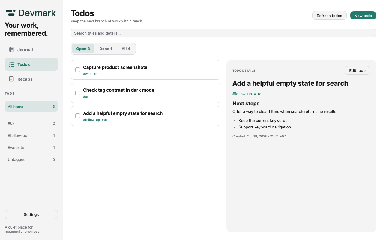 Devmark Todos in English: Open, Done, and All filters with counts, todo cards, tags, and Markdown details.